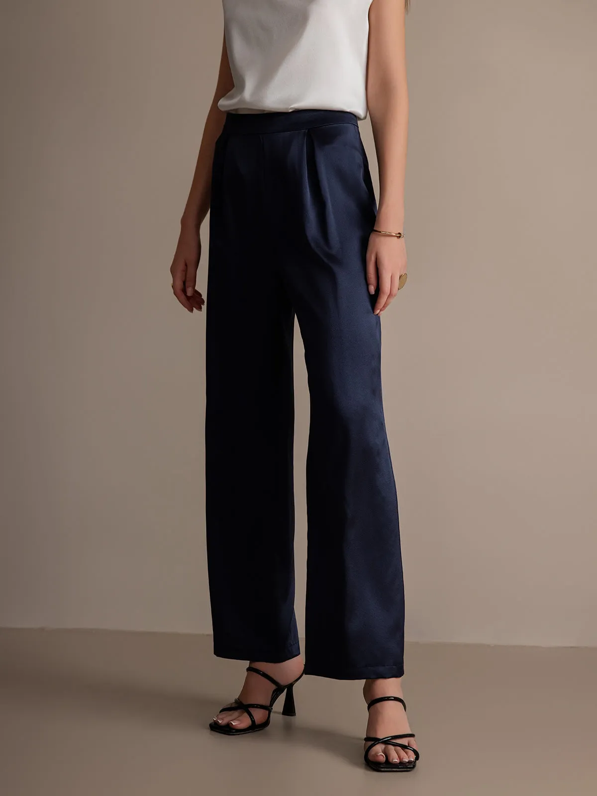 19Momme Silk Solid Color Casual Wide Leg Pants