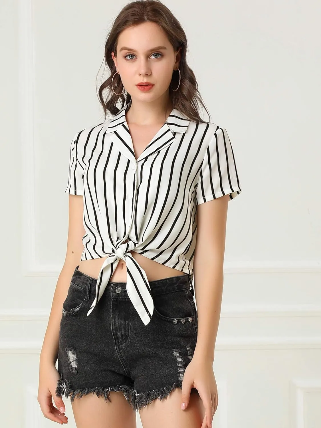 Allegra K Women's Striped Button Up Lapel Collar Top Short Sleeve Tie Front Crop Shirt