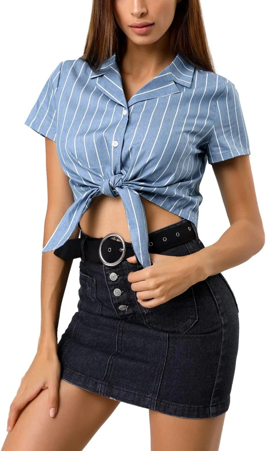 Allegra K Women's Striped Button Up Lapel Collar Top Short Sleeve Tie Front Crop Shirt