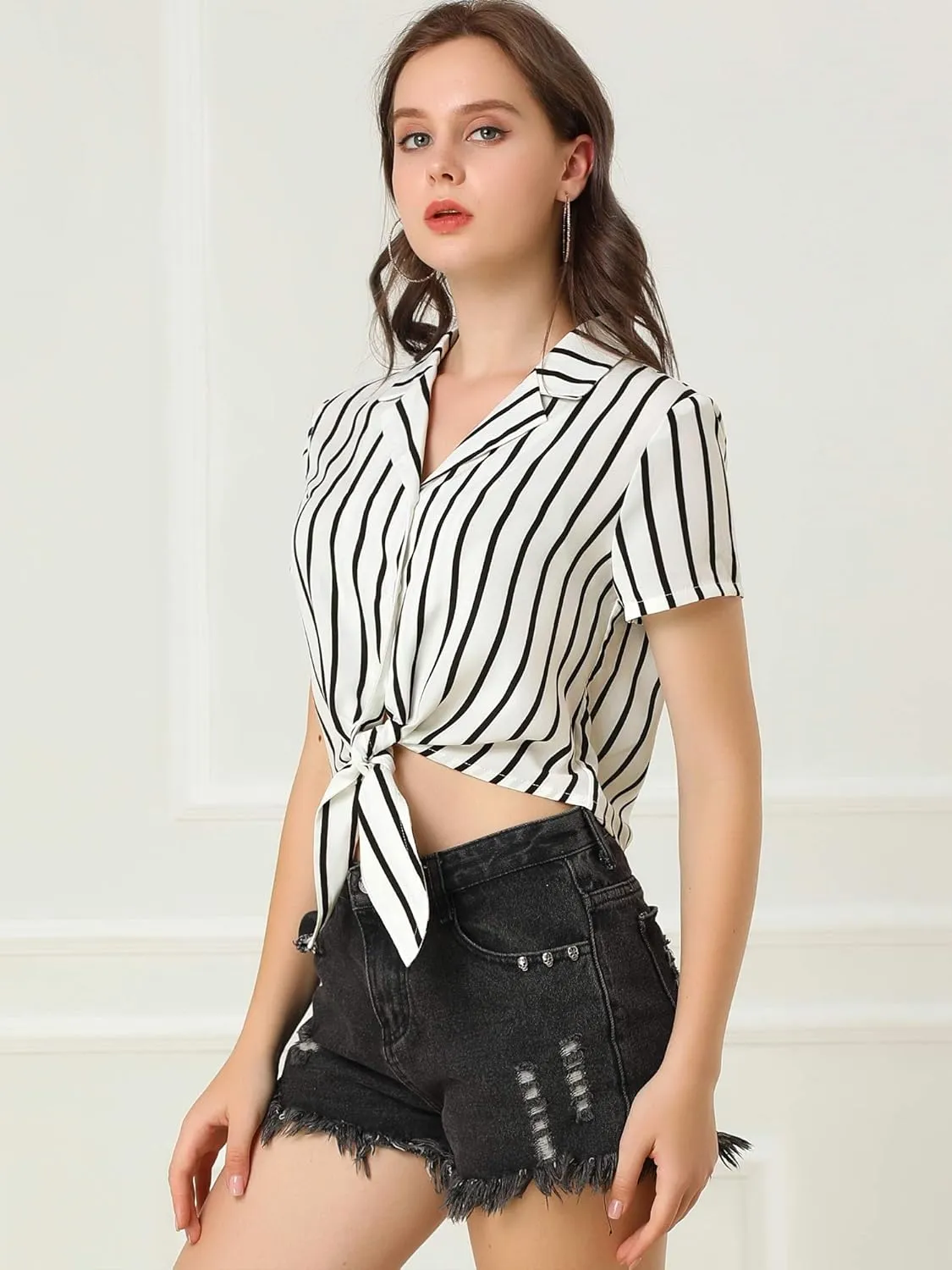 Allegra K Women's Striped Button Up Lapel Collar Top Short Sleeve Tie Front Crop Shirt