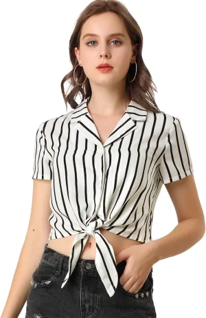Allegra K Women's Striped Button Up Lapel Collar Top Short Sleeve Tie Front Crop Shirt
