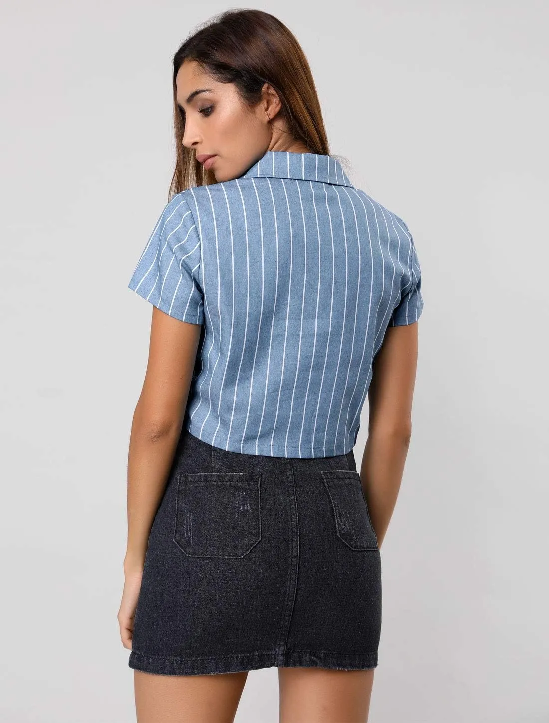 Allegra K Women's Striped Button Up Lapel Collar Top Short Sleeve Tie Front Crop Shirt