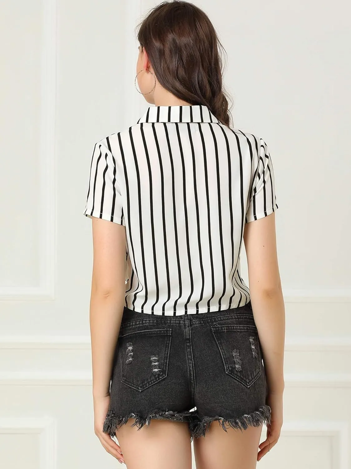 Allegra K Women's Striped Button Up Lapel Collar Top Short Sleeve Tie Front Crop Shirt