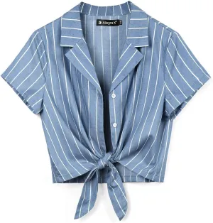 Allegra K Women's Striped Button Up Lapel Collar Top Short Sleeve Tie Front Crop Shirt