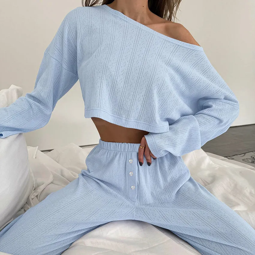 Amozae casual summer outfits Summer Knitted Stretch Cropped Long-Sleeved Trousers Two-Piece Women's Home Wear Breathable Simple Comfortable