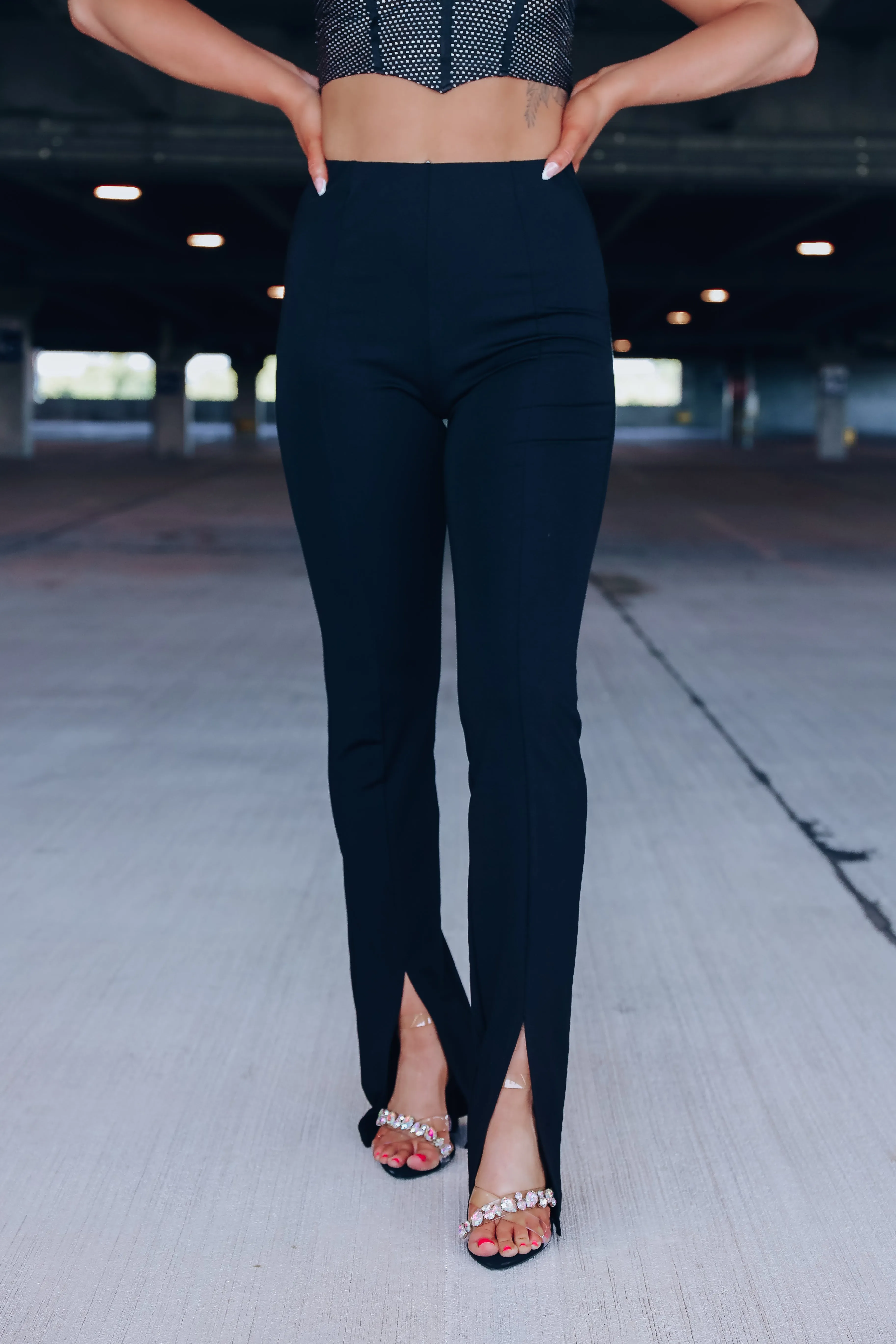 Atticus Straight Leg Front Slit Pants - Black