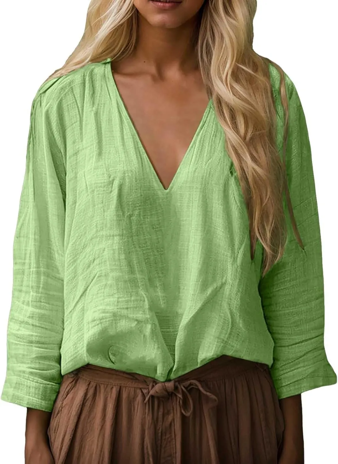 Boho Tops for Women Retro Embroidered 3/4 Sleeve Boho Tops Cotton Linen Hawaiian Shirts Resort Wear Beach Clothes