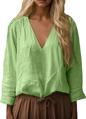 Boho Tops for Women Retro Embroidered 3/4 Sleeve Boho Tops Cotton Linen Hawaiian Shirts Resort Wear Beach Clothes