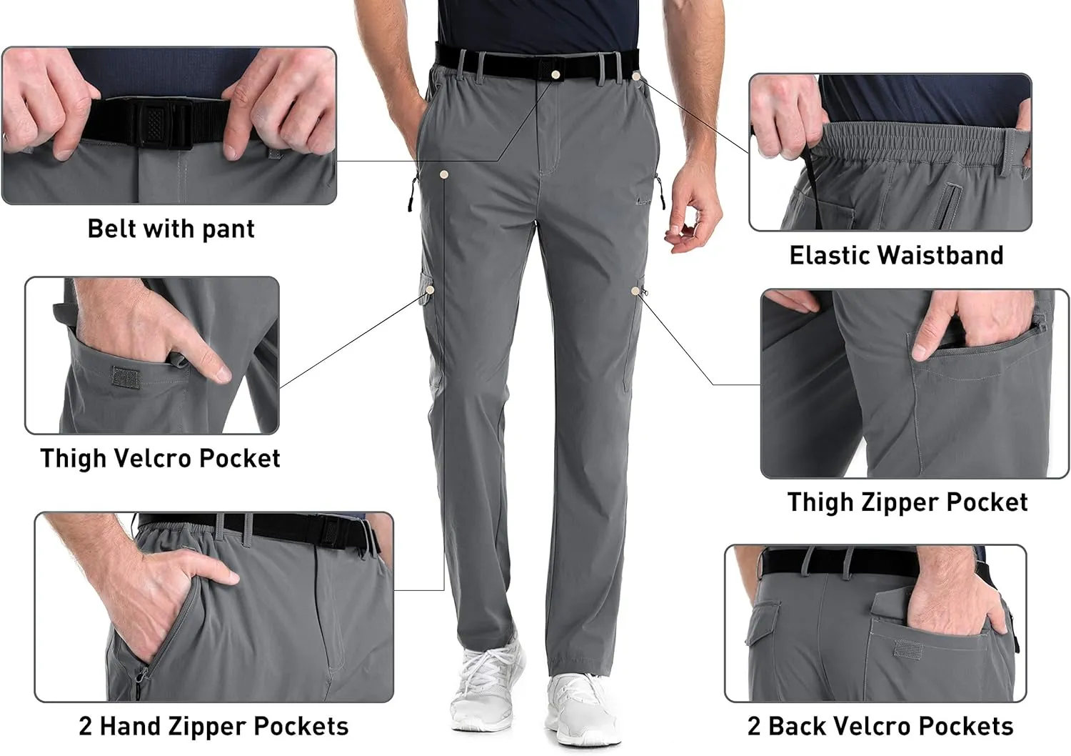 clothin Men's Elastic-Waist Travel Pant Stretchy Lightweight Pant Multi-Pockets Quick Dry Breathable