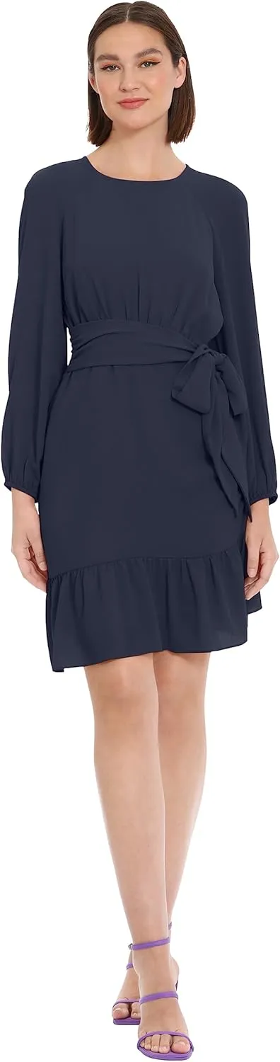 Donna Morgan Women's Long Sleeve Asymmetrical Hem Flounce Dress with Waist Tie Event Party Occasion Guest of