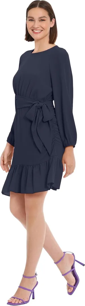 Donna Morgan Women's Long Sleeve Asymmetrical Hem Flounce Dress with Waist Tie Event Party Occasion Guest of