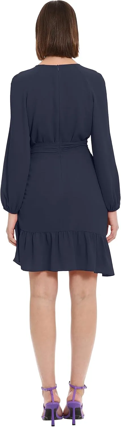 Donna Morgan Women's Long Sleeve Asymmetrical Hem Flounce Dress with Waist Tie Event Party Occasion Guest of