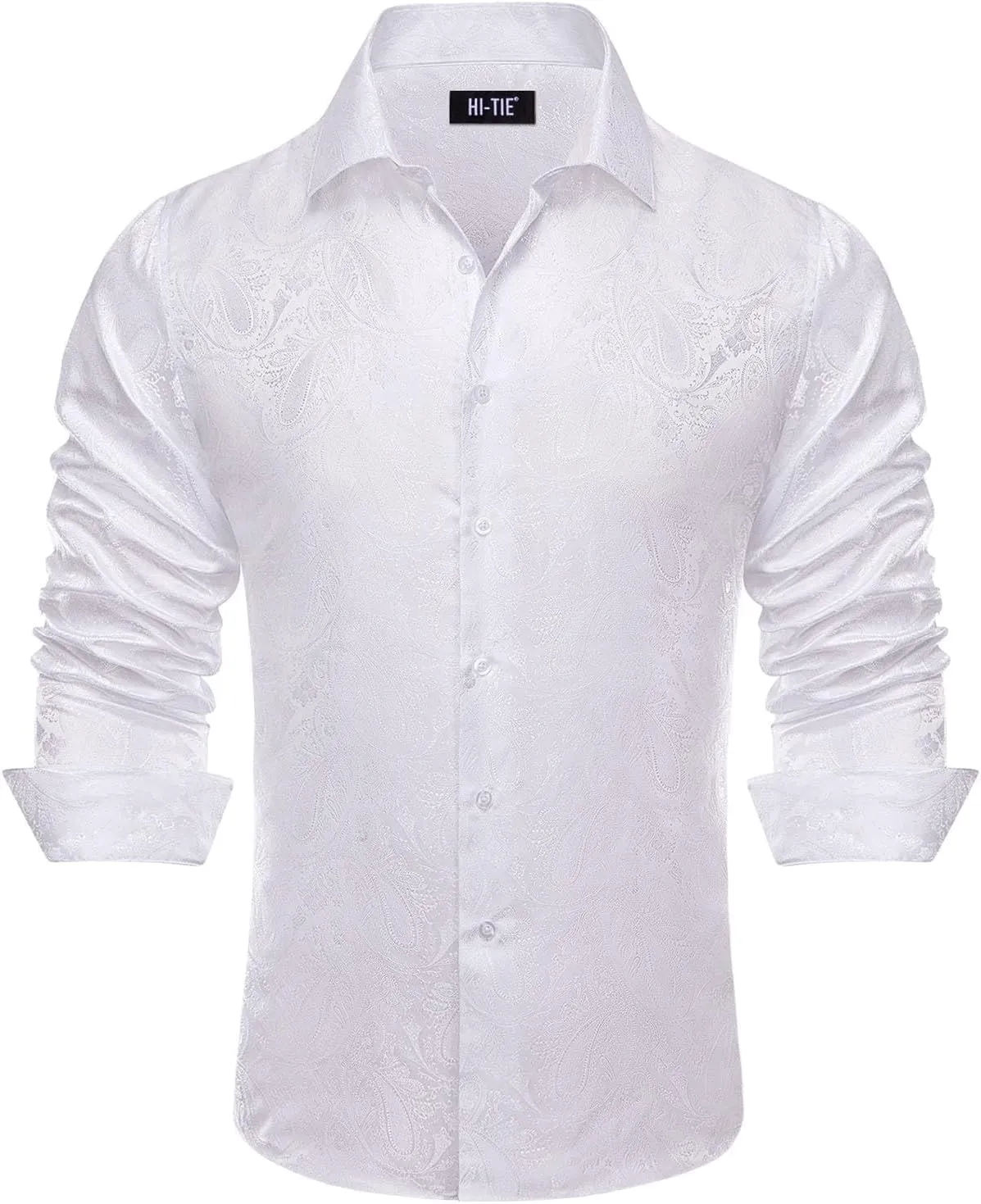 Hi-Tie Silk Mens Paisley Dress Shirts Casual Long Sleeve Button Down Regular Fit Shirts Formal Wedding Party Business