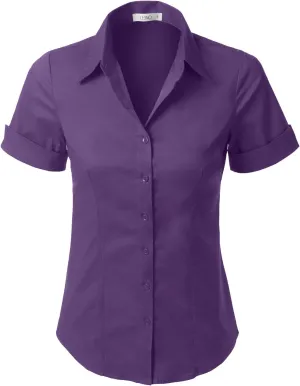 LE3NO Womens Tailored Short Sleeve Button Down Shirt with Stretch