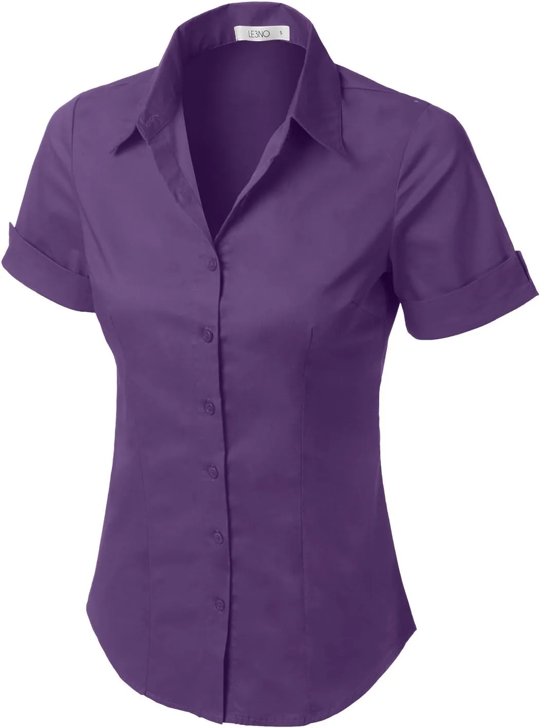 LE3NO Womens Tailored Short Sleeve Button Down Shirt with Stretch