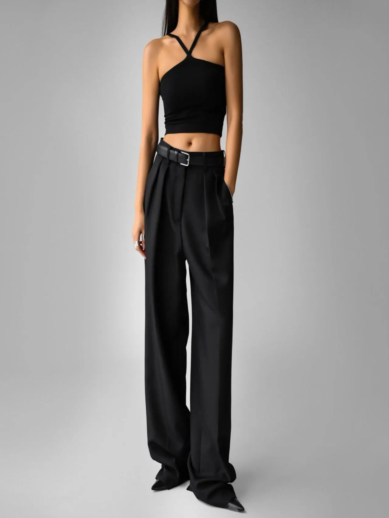LOW WAISTED DOUBLE PLEATED TWILL TROUSERS