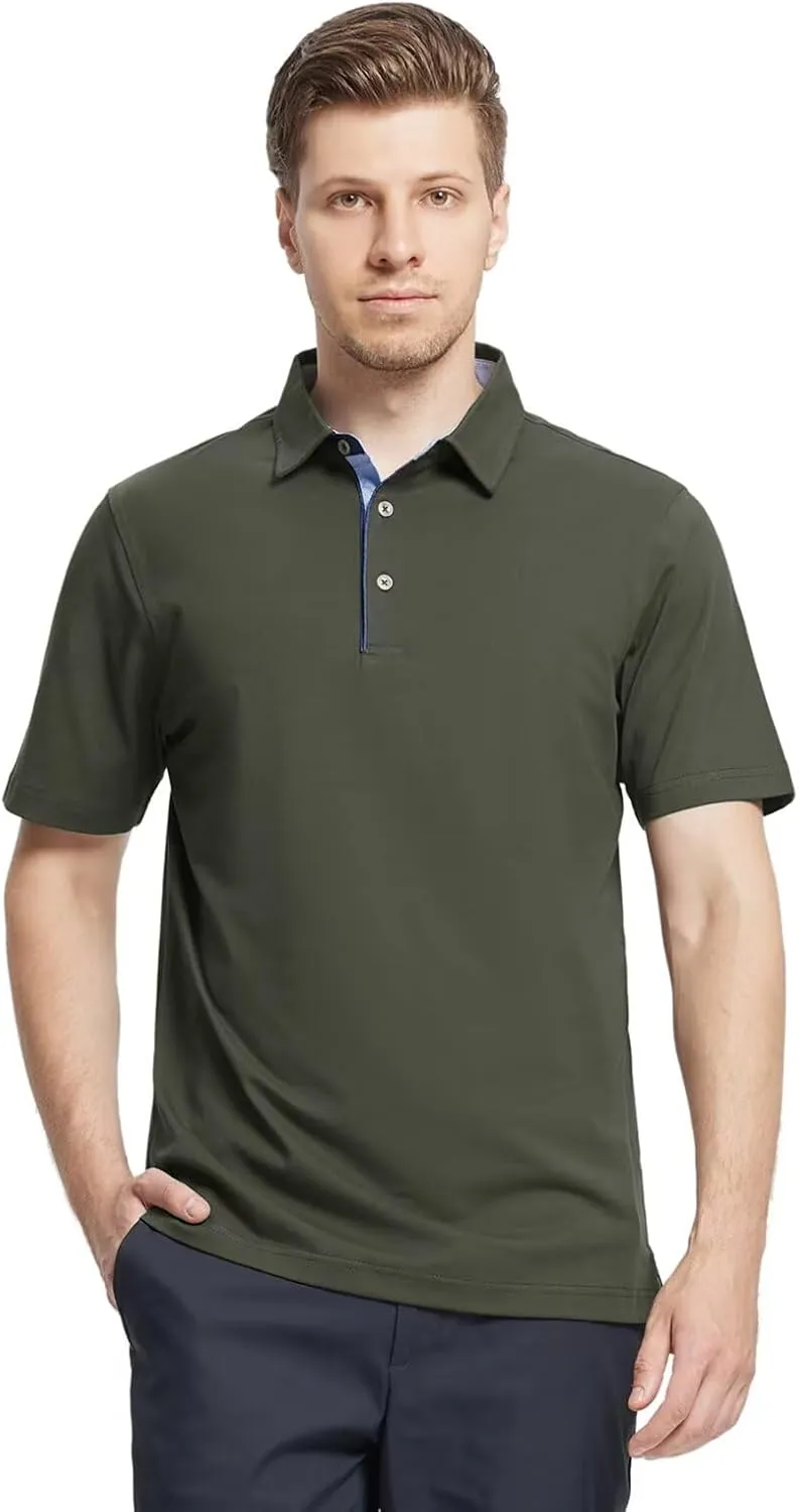 Men's Casual Polo Shirt Short Sleeve Mercerized Cotton Blend Breathable Stretch Classic Fit Business Collared Shirts