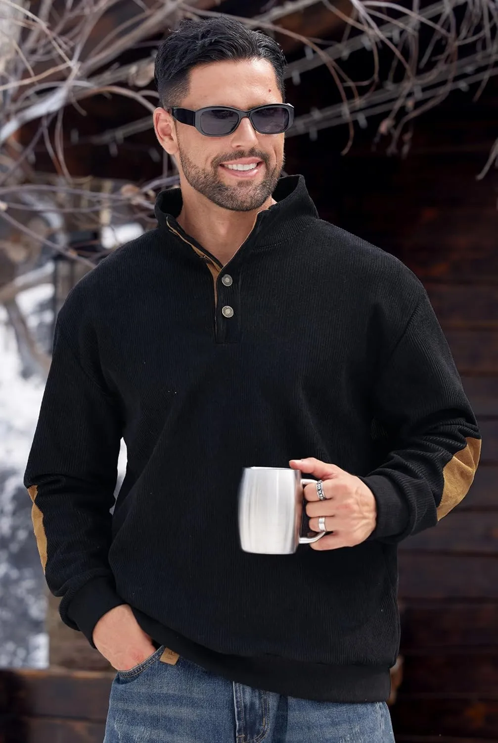 Mens Corduroy Fleece Lined Sweatshirts Long Sleeve Heavyweight Casual Button Pullover (S-XXL)