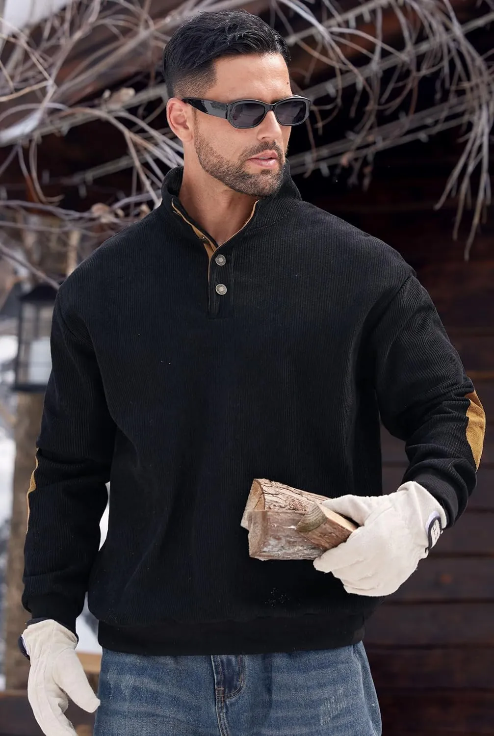 Mens Corduroy Fleece Lined Sweatshirts Long Sleeve Heavyweight Casual Button Pullover (S-XXL)