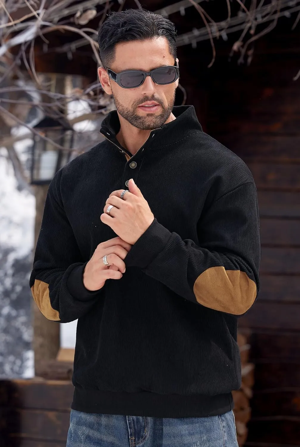 Mens Corduroy Fleece Lined Sweatshirts Long Sleeve Heavyweight Casual Button Pullover (S-XXL)