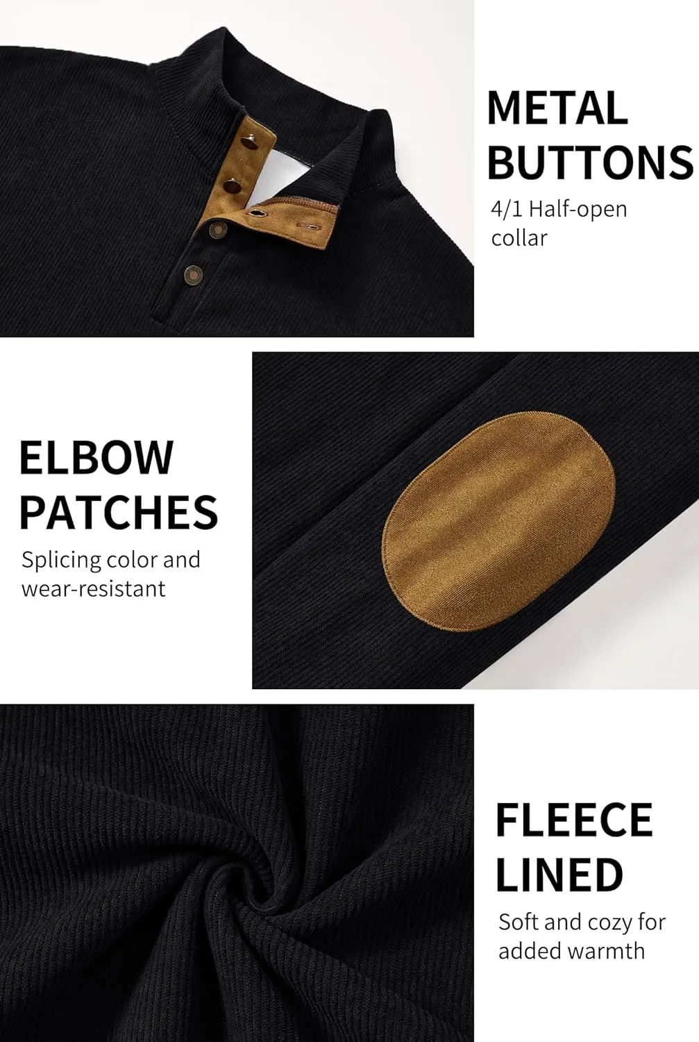 Mens Corduroy Fleece Lined Sweatshirts Long Sleeve Heavyweight Casual Button Pullover (S-XXL)