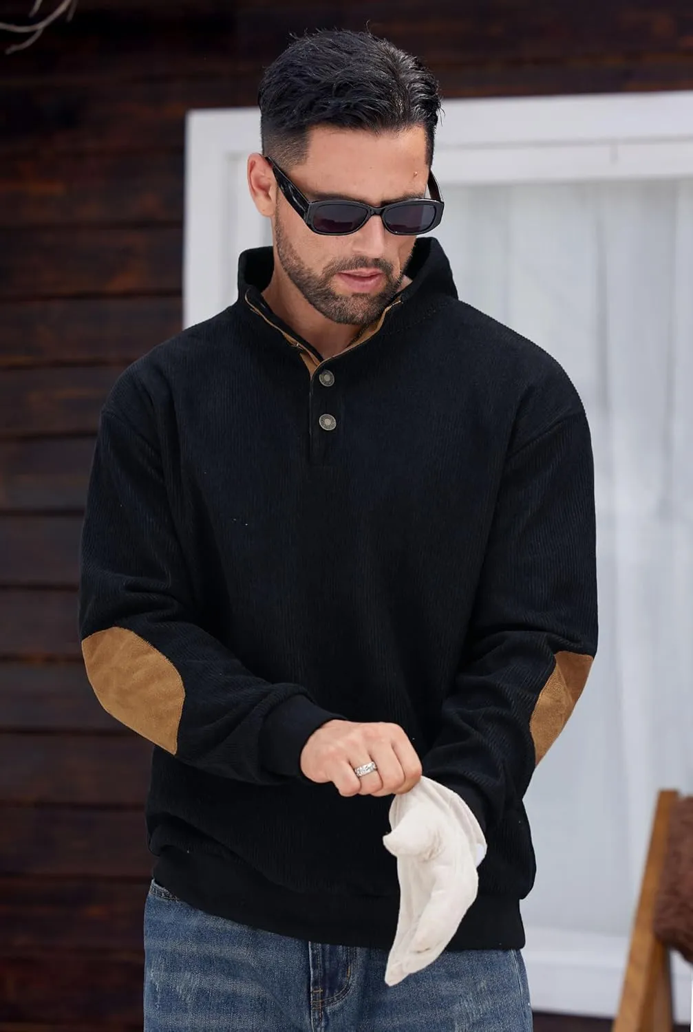 Mens Corduroy Fleece Lined Sweatshirts Long Sleeve Heavyweight Casual Button Pullover (S-XXL)