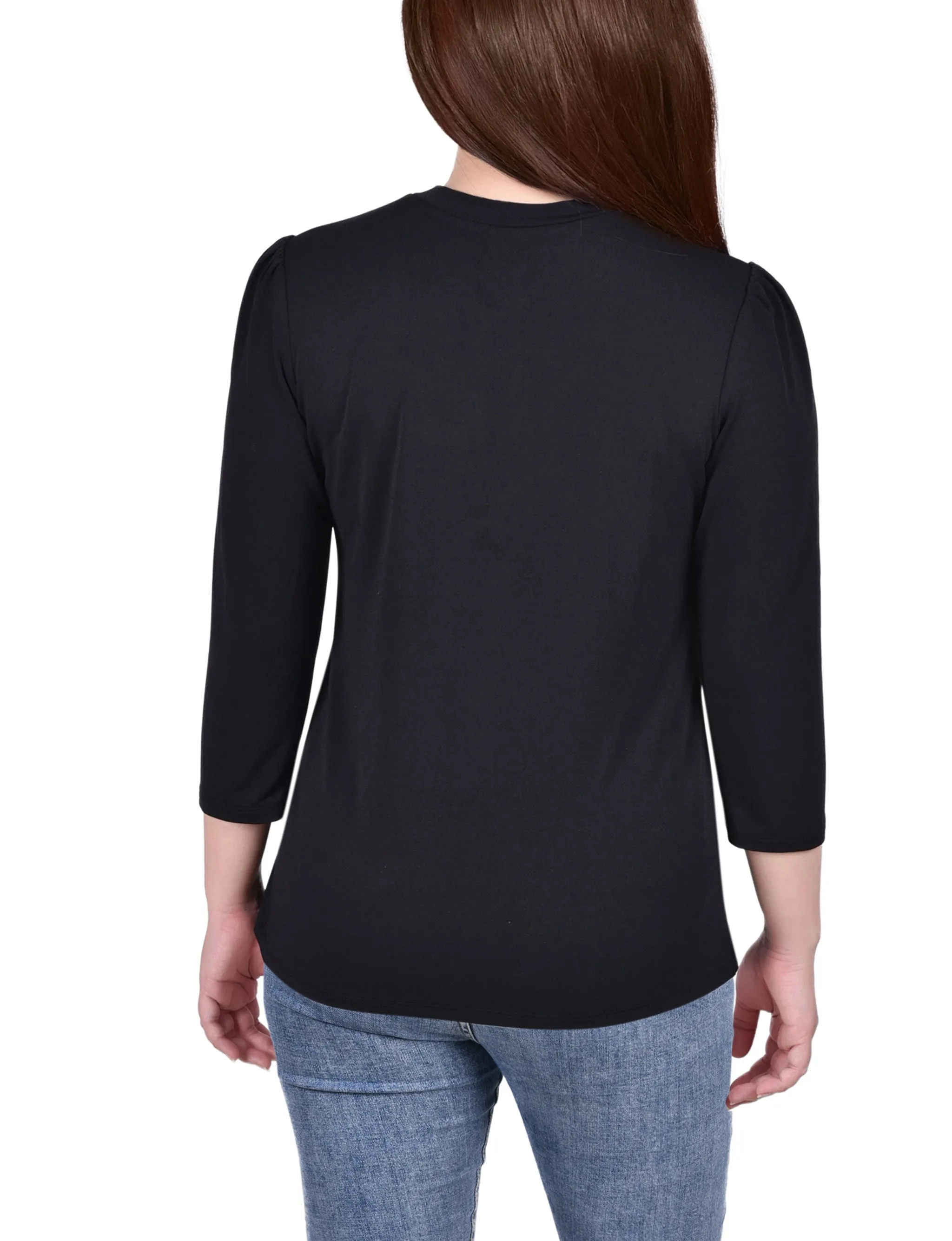 Petite 3/4 Slv Knit Crepe Studded Keyhole Top