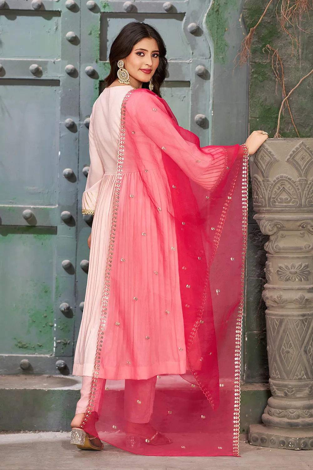 Pink Peach Art Silk Angrakha Neck Kurta Set with Trousers and Dupatta