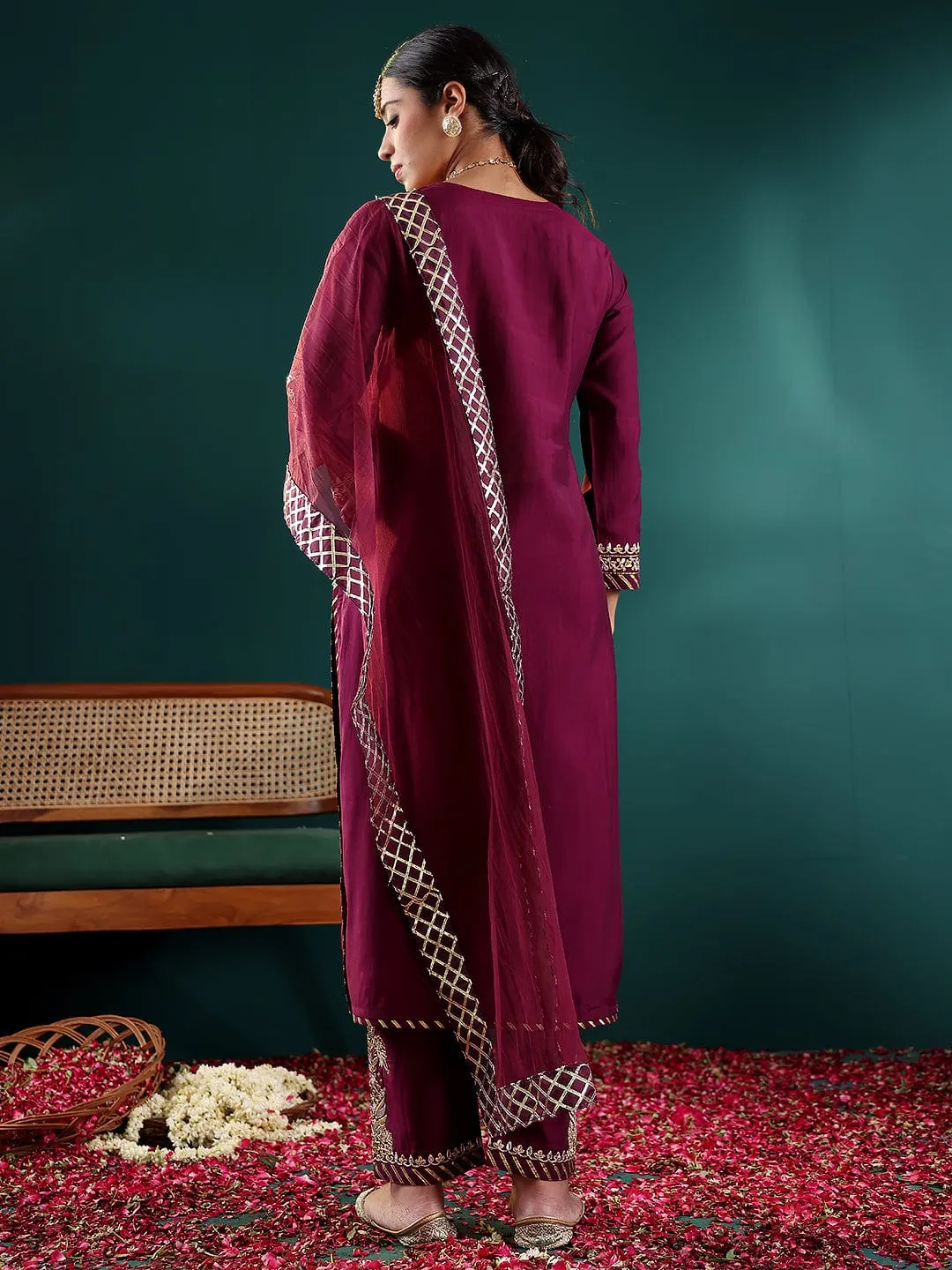 Purple Silk Blend Embroidered Suit Set with Net Dupatta