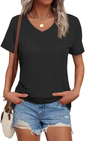 SMENG Women's Cotton V Neck T-Shirt Short Sleeve Solid Color Tee Casual Fit Tee Breathable Summer Fashion Tops