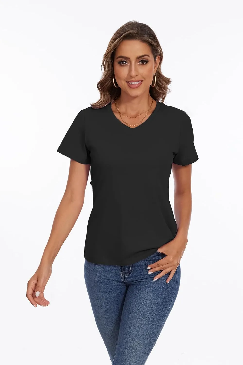 SMENG Women's Cotton V Neck T-Shirt Short Sleeve Solid Color Tee Casual Fit Tee Breathable Summer Fashion Tops