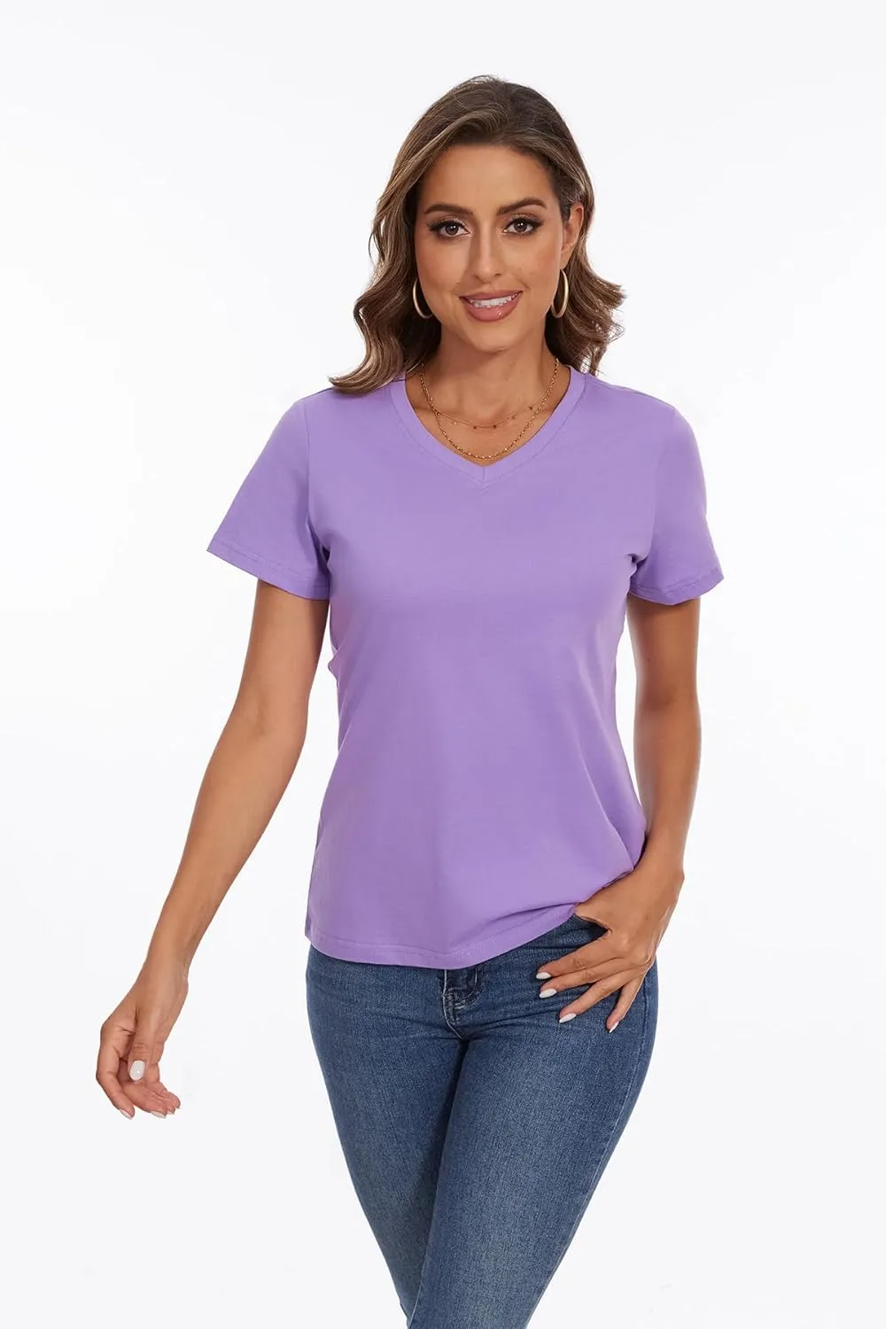 SMENG Women's Cotton V Neck T-Shirt Short Sleeve Solid Color Tee Casual Fit Tee Breathable Summer Fashion Tops