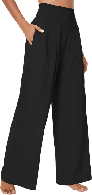 Urban CoCo Women's Elastic High Waist Light Weight Loose Casual Wide Leg Trousers Long Pants with Pocket