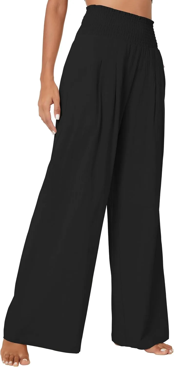 Urban CoCo Women's Elastic High Waist Light Weight Loose Casual Wide Leg Trousers Long Pants with Pocket