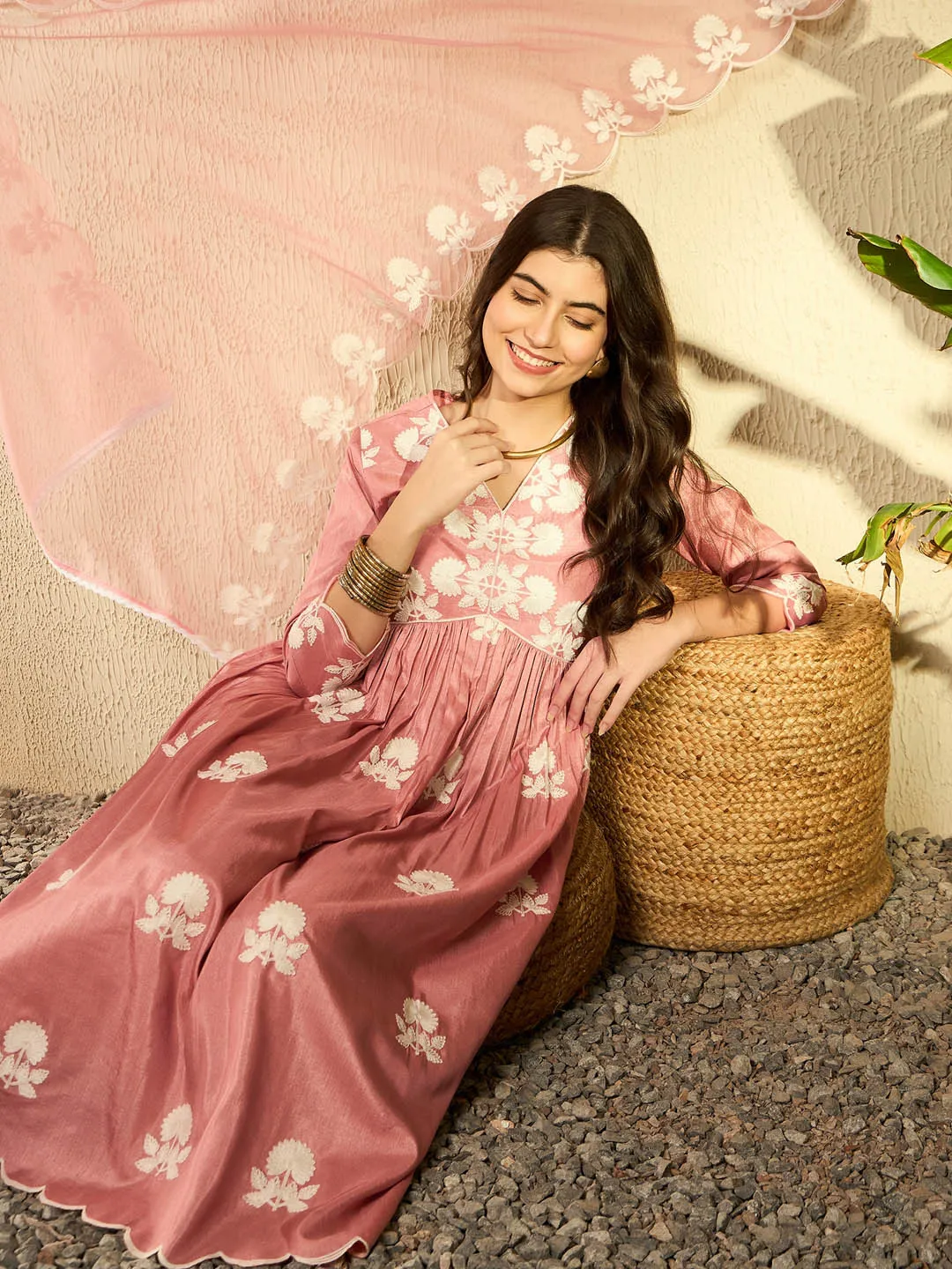 Women Peach Silk Blend Solid Embroidered A-Line Kurta Trouser With Dupatta