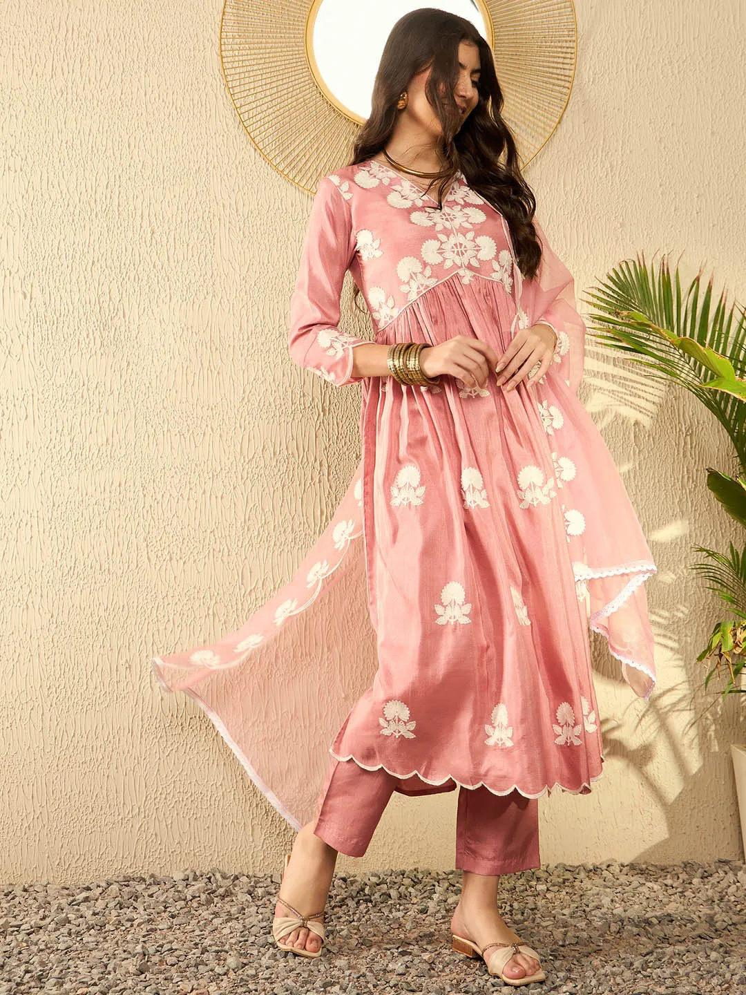 Women Peach Silk Blend Solid Embroidered A-Line Kurta Trouser With Dupatta
