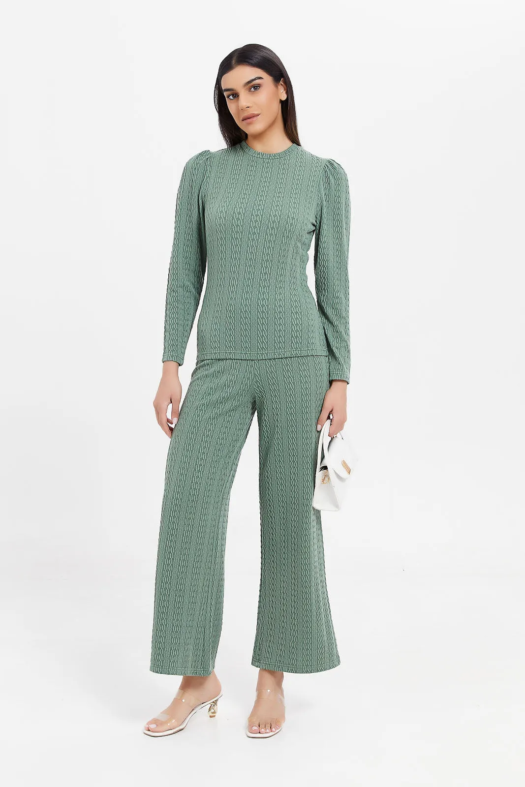 Women Teal Wide Leg Textured Trousers