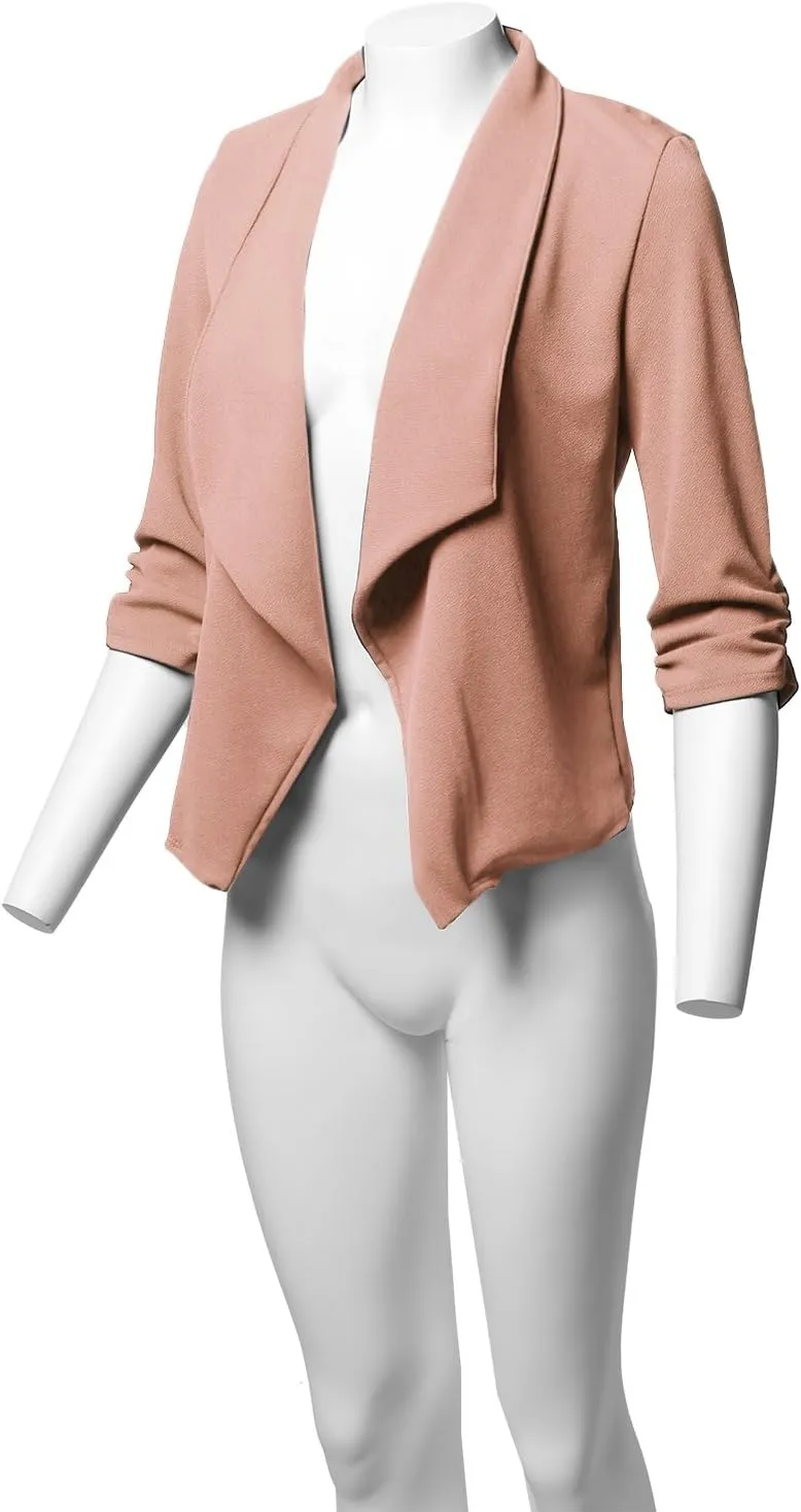 Women's Stretch 3/4 Gathered Sleeve Open Blazer Jacket
