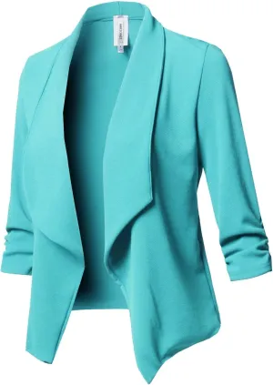 Women's Stretch 3/4 Gathered Sleeve Open Blazer Jacket