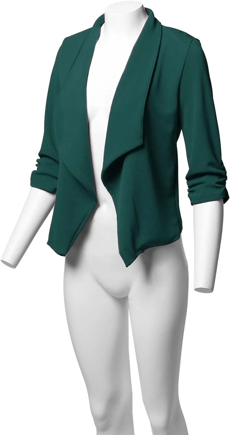 Women's Stretch 3/4 Gathered Sleeve Open Blazer Jacket