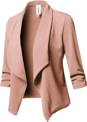 Women's Stretch 3/4 Gathered Sleeve Open Blazer Jacket