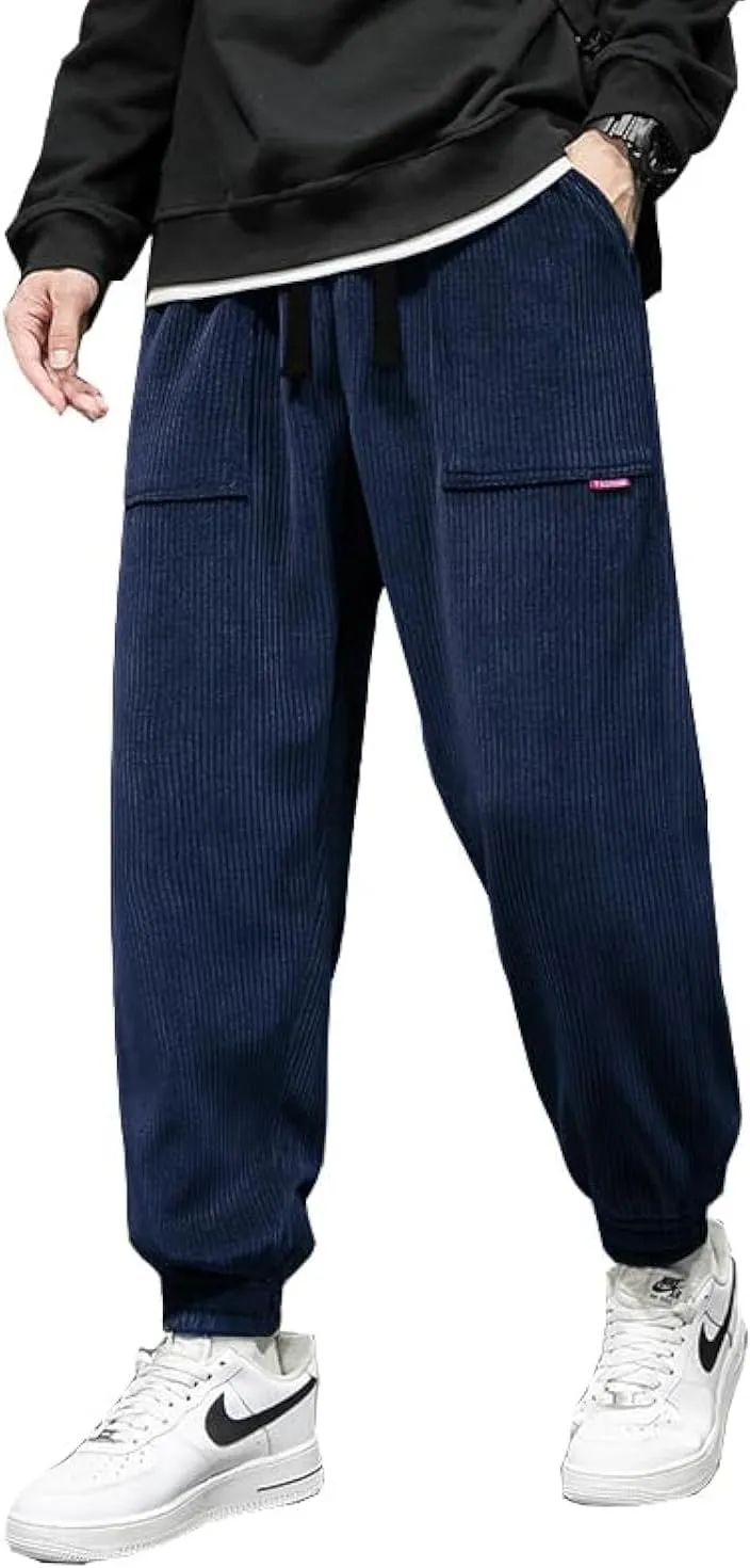 WZIKAI Mens Corduroy Pants Elastic Waist Drawstring Tapered Joggers Sweatpants Casual Long Fashion Trousers with Pockets