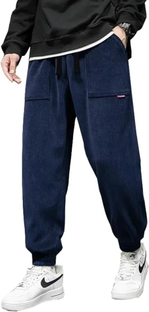 WZIKAI Mens Corduroy Pants Elastic Waist Drawstring Tapered Joggers Sweatpants Casual Long Fashion Trousers with Pockets