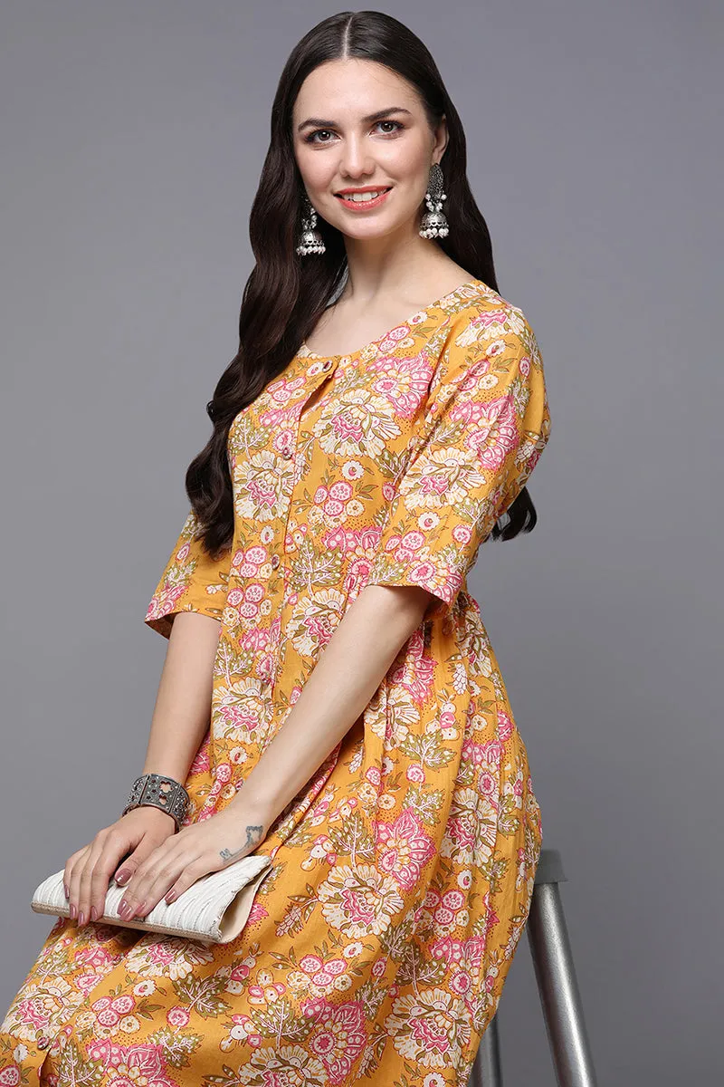 Yellow Cotton Floral A-Line Kurta
