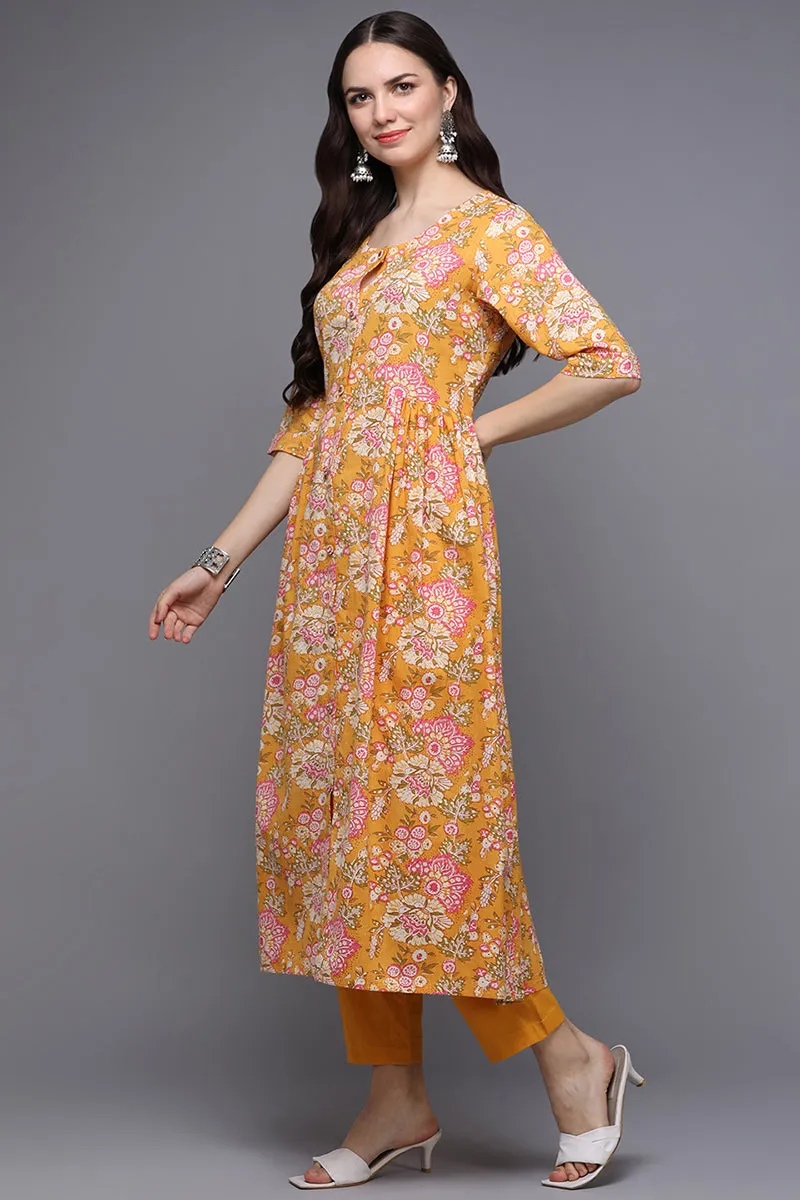 Yellow Cotton Floral A-Line Kurta