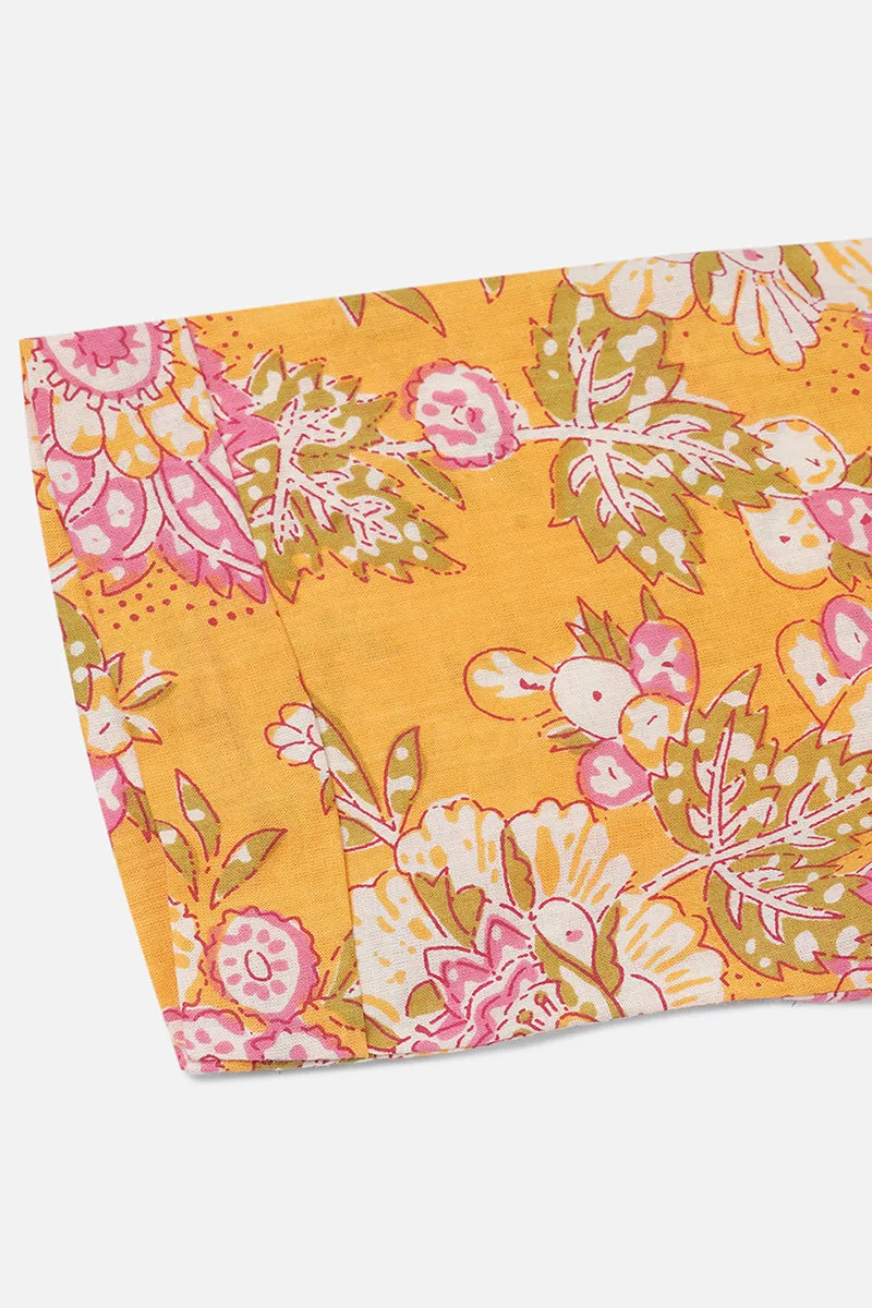 Yellow Cotton Floral A-Line Kurta