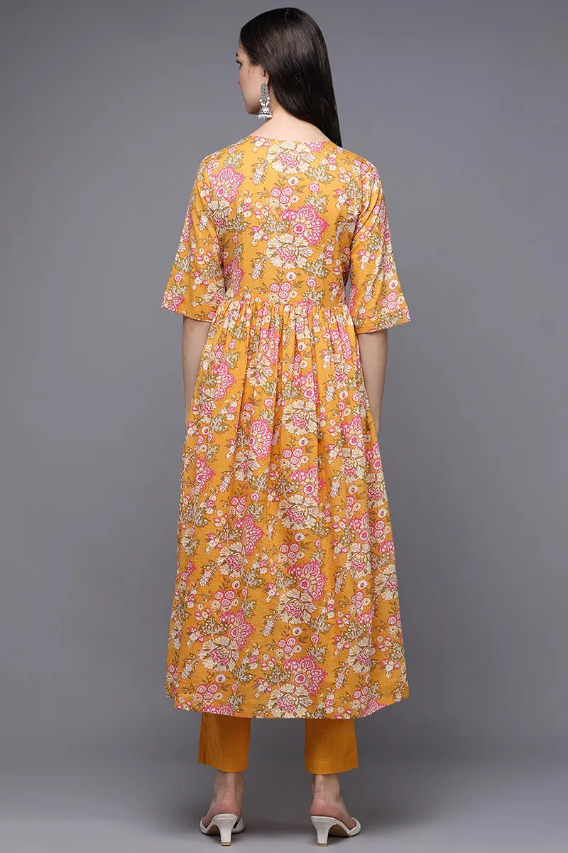 Yellow Cotton Floral A-Line Kurta