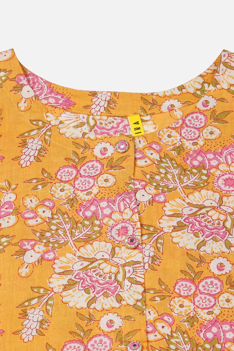 Yellow Cotton Floral A-Line Kurta
