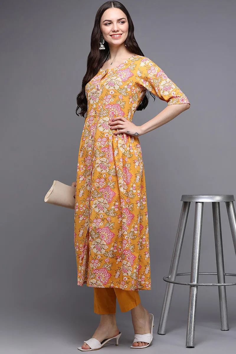 Yellow Cotton Floral A-Line Kurta
