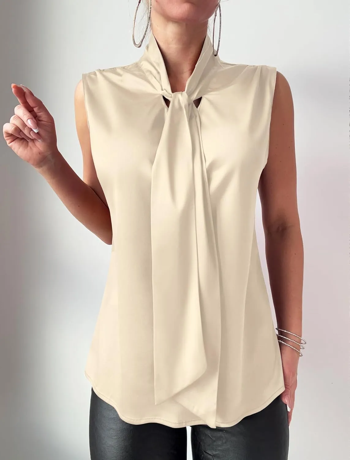 ZAFUL Women's Silk Satin Tank Tops Bow Tie Knot Mock Neck Casual Sleeveless Blouses Summer Basic Tanks Shirt